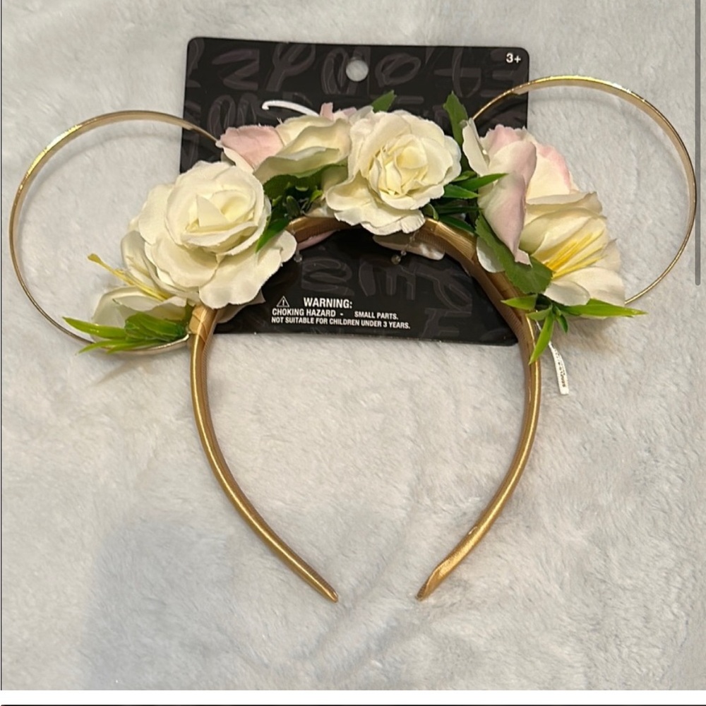 Aldi Disney ears with floral Gold Headband with White and Pink flowers